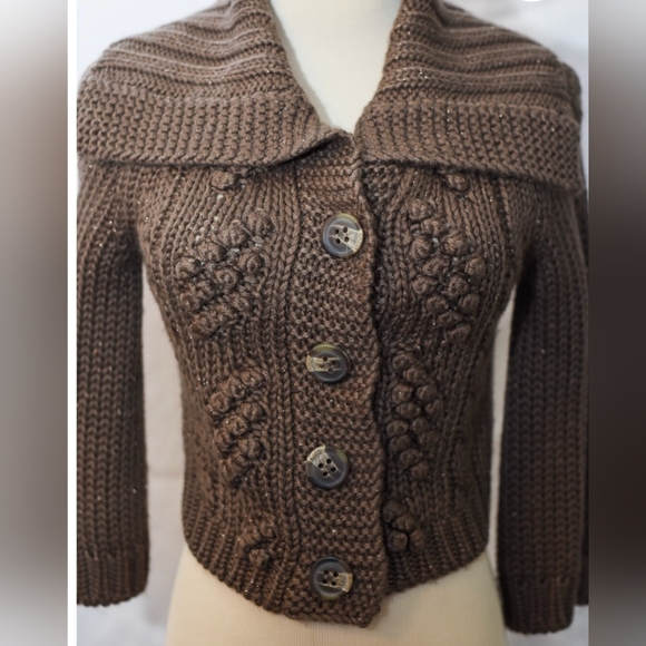 Nwot express Brown Knit cropped Button Down Cardigan 3/4" Sleeves small - Picture 3 of 10